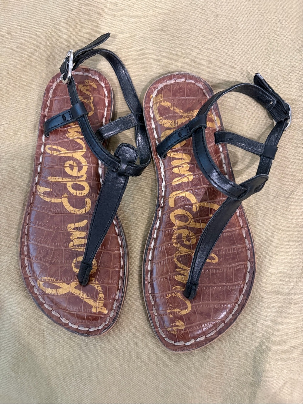 Sam Edelman Black Leather T-Strap Sandals with Brown Footbed